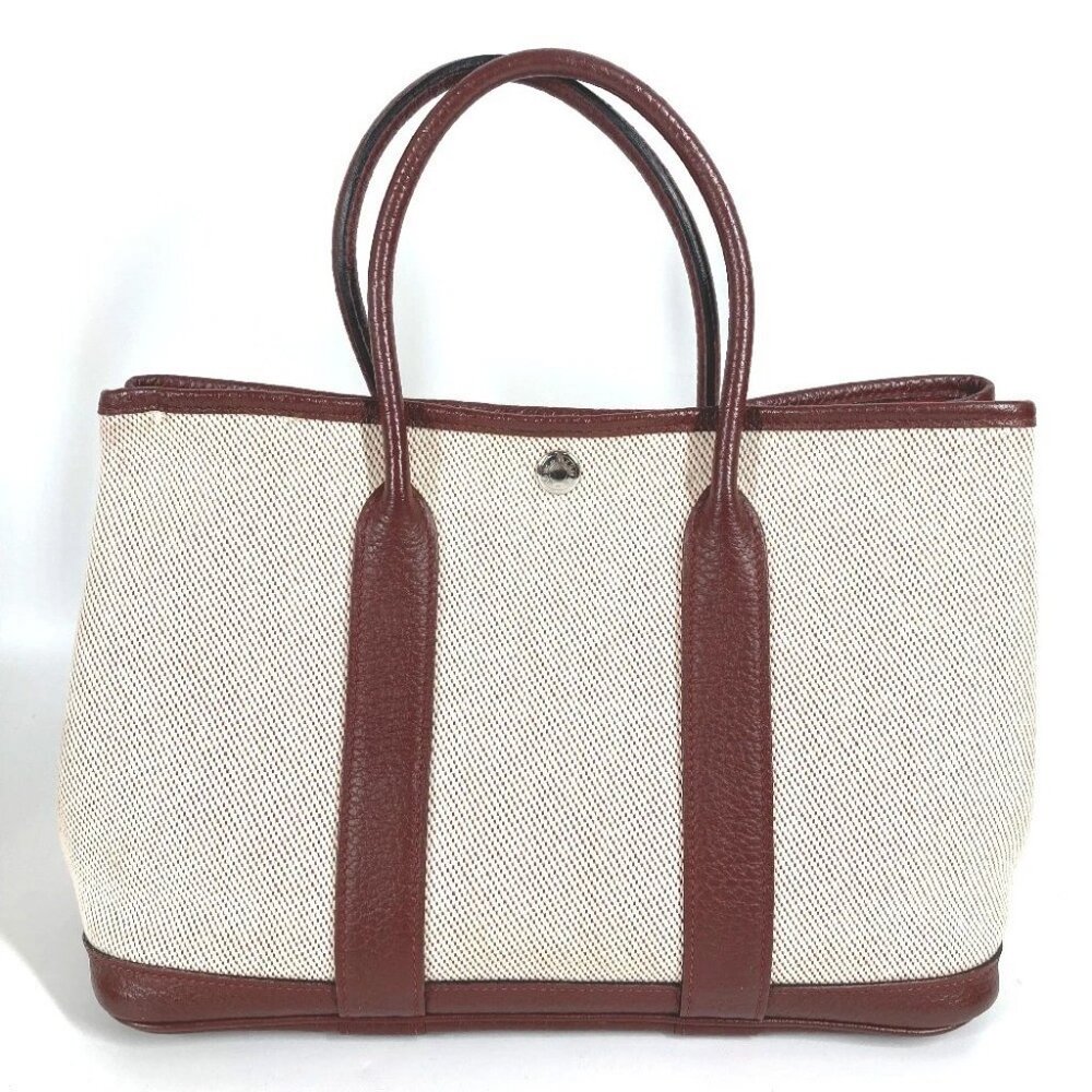 HERMES Garden Party TPM Tote Bag Hand Bag Toile H / Leather wine-red/Beige - Picture 2 of 16